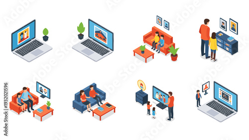 Isometric family digital interaction scenes with devices and living room settings