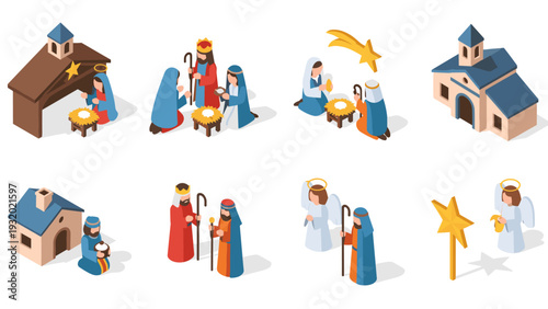 Isometric nativity scene with figures, manger, and church buildings