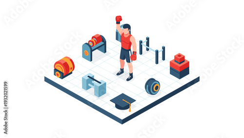 Isometric gym concept with boxing and fitness equipment