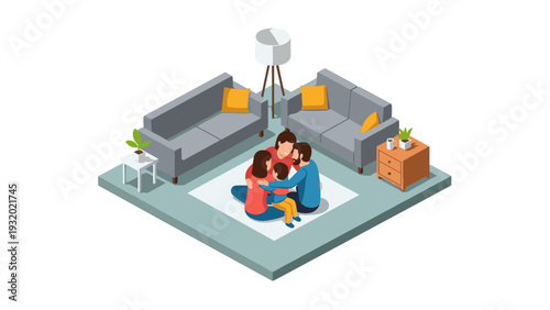 Isometric living room scene with family bonding on rug and cozy furniture setting