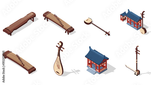 Traditional chinese musical instruments in isometric art style