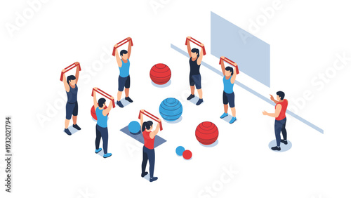 Group fitness class with resistance bands and balls in isometric style