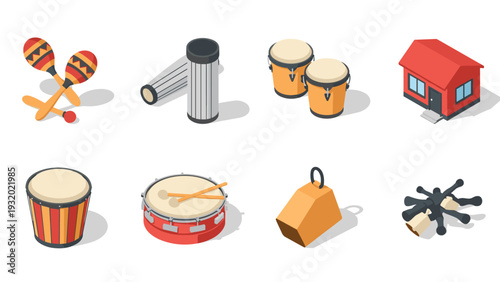 Isometric latin percussion instruments set with maracas, drums, and cowbell on white background