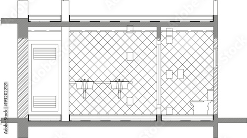 Technical architectural section showing a bathroom layout with two sinks and a toilet stall, featuring diagonal tiled patterns and grey structural elements.