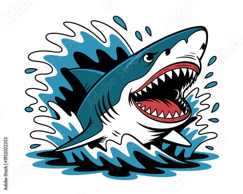 A cartoon shark jumping out of the water with its mouth open.