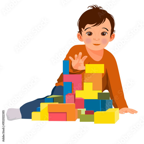 A boy builds with blocks and plays without a background