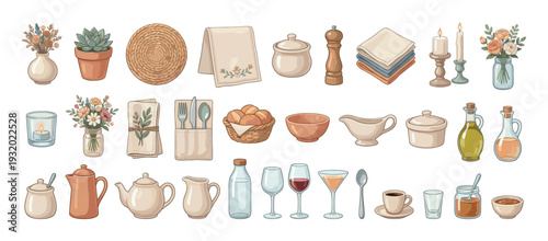 Collection of charming kitchen and dining items, perfect for culinary themes