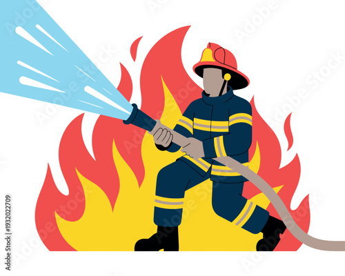 A brave firefighter in uniform extinguishing a large fire with a powerful hose