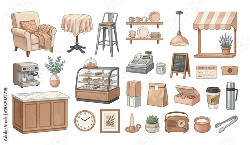 Cozy cafe interior elements and baked goods illustration, watercolor style