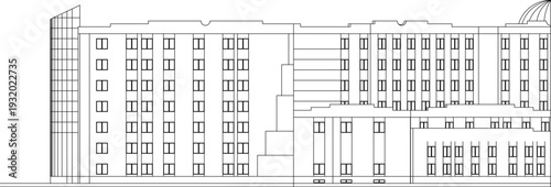 Technical architectural elevation showing large building complex with stepped terraced sections, repetitive window patterns, angular end tower and domed structure on right.