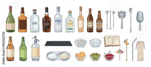 Collection of alcoholic beverages and bar tools for cocktail making