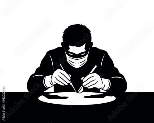 A masked man is secretly drawing on a piece of paper with a pencil in a dark and mysterious setting.