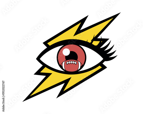 A cartoon eye with a lightning bolt and a monster inside the pupil