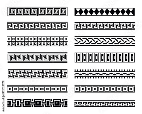 A collection of various black and white geometric patterns and designs on a plain background