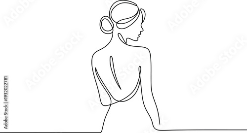 A graceful continuous line drawing outlines the back of a woman wearing an elegant dress. She looks over her shoulder with her hair styled in a neat bun. 