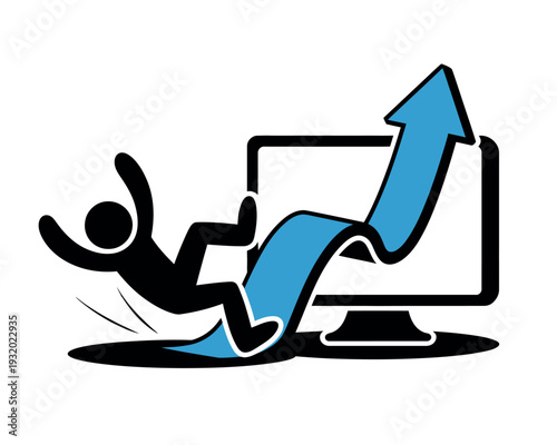 A person sliding on an arrow emerging from a computer screen, symbolizing rapid growth or progress in technology.