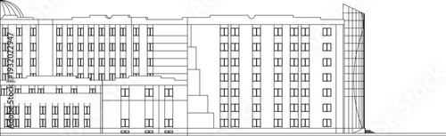 Technical architectural elevation showing large building complex with stepped terraced sections, repetitive window patterns and angular geometric end structures with diagonal elements.