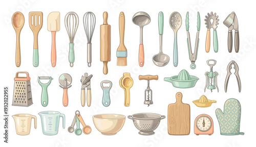 Collection of kitchen utensils and cooking tools arranged in rows on a white background