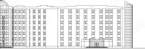 Technical architectural elevation showing large multi-story building with symmetrical facade, repetitive window grid pattern, central entrance with vertical elements and geometric end sections.