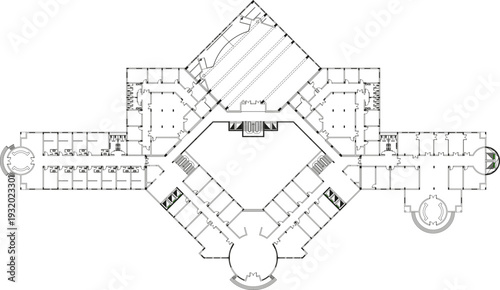 Technical architectural floor plan of a symmetrical building complex featuring a central diamond courtyard, room-filled wings, staircases and circular structures at the ends.