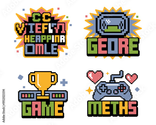 A colorful pixel art illustration of gaming and math related icons and logos on a white background