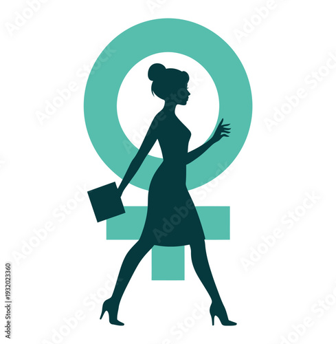 A confident woman walking in front of a large female symbol, representing female empowerment and equality