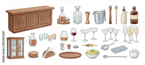 Complete collection of bar essentials and drinkware for a home bar setup