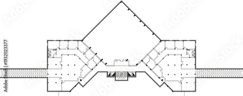 Technical architectural floor plan showing symmetrical building layout with triangular central structure, two mirrored wings and hatched parking or landscape zones on both sides.