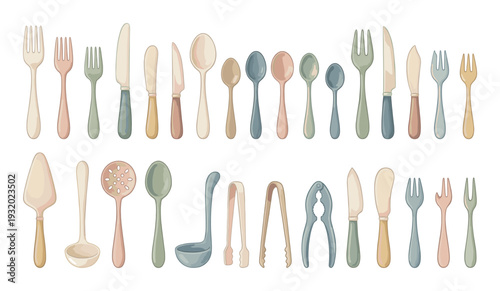 Collection of pastel colored kitchen utensils and cutlery arranged in two rows