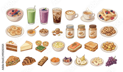 A delightful collection of breakfast and brunch food illustrations, perfect for culinary themes