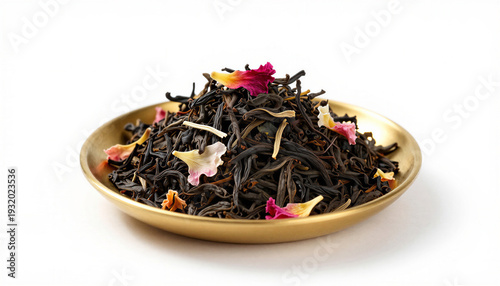 Black tea blend with flower petals piled on a golden plate