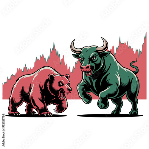 Bull and bear stock market concept, financial trading illustration with market growth and decline chart background.