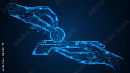 Money transfer. One hand passes a glowing coin to the other hand with a payment terminal. The composition symbolizes contactless payment and instant financial transactions.