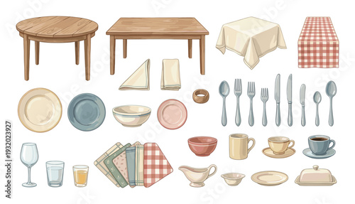 Collection of dining table settings and tableware elements for a cozy meal