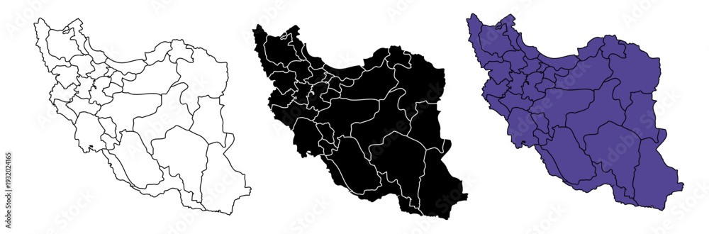 Obraz premium A set of vector maps of Iran with prefecture boundaries in three styles