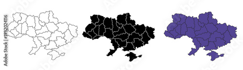 A set of vector maps of Ukraine with prefecture boundaries in three styles.