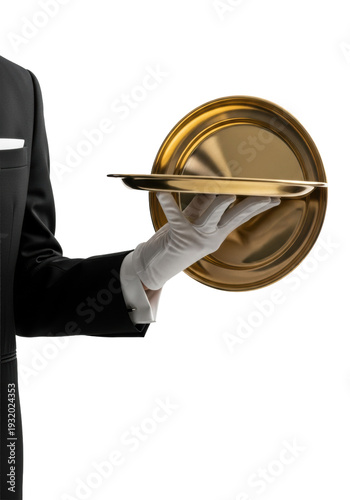 A waiter's white-gloved hand holding an empty gold tray on a white background with copy space, a concept of exclusive service and luxury hospitality