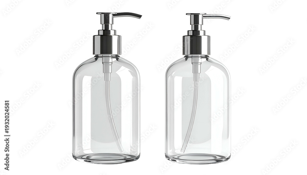 Fototapeta premium Two identical clear glass bottles with silver pump dispensers, on a black background