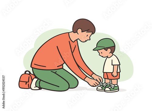 Quiet parent ties shoelaces for a child, kneeling close as small shoes rest steady and hands move with care | parent tying