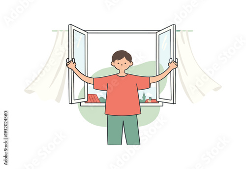 Fresh person opens a window letting fresh air inside, curtains sway gently, city roofs visible beyond glass frame. softly moving