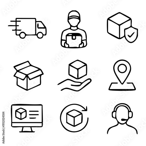 A collection of nine black and white icons depicting various elements of the delivery and logistics process, including a truck, driver, package, map, computer, and customer support. The icons are simp