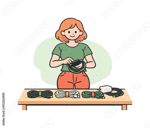 Cable Management Artistry. Sunny person sorts and coils cables on a desk, ties aligned, charger looped, tidy bundles resting