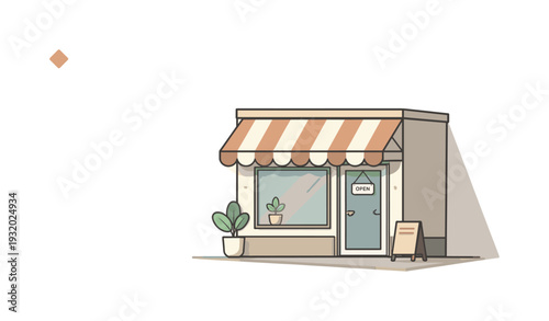 Charming cartoon storefront with an open sign and potted plants, inviting customers inside