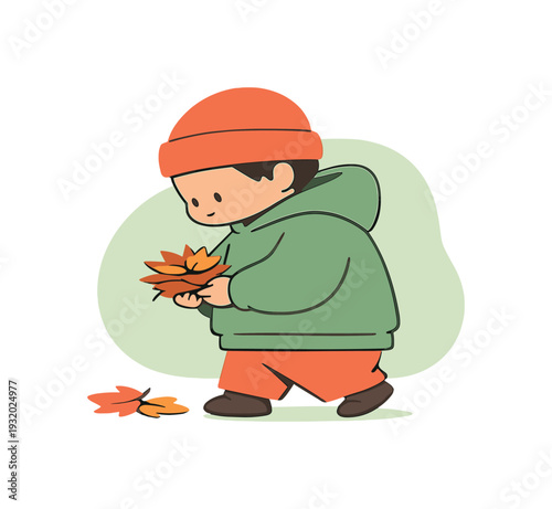 Child Collecting Leaves. Nearby child walks slowly collecting autumn leaves, small stack growing, steps careful, quiet seasonal