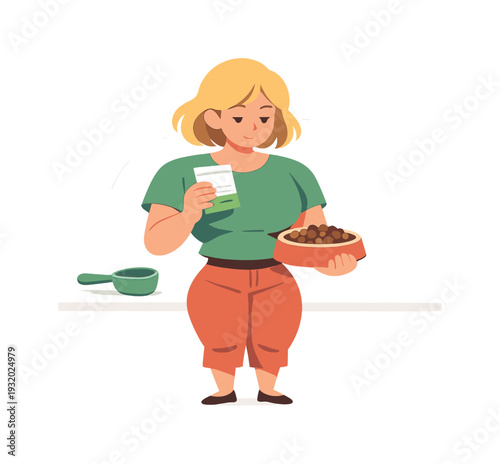 Pet Care Scene. Sunny person checks pet food in a bowl, reading labels and measuring portions while a scoop rests nearby by the