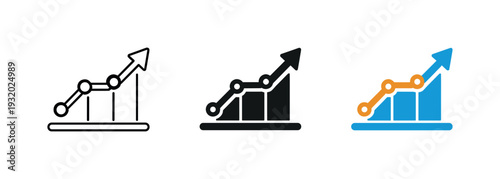 Strategic outlook concept visualized by an upward trending line graph with arrowhead and clear data points, identical silhouette