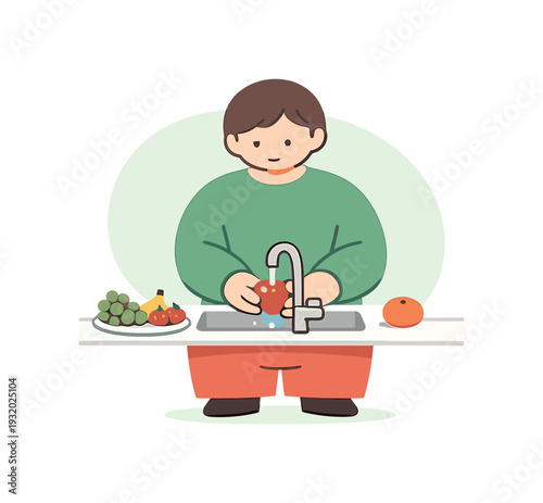 Calm Fruit Washing. Calm person washes fruits at a sink, pieces lined neatly, water turned low, rhythm slow and careful. | washing