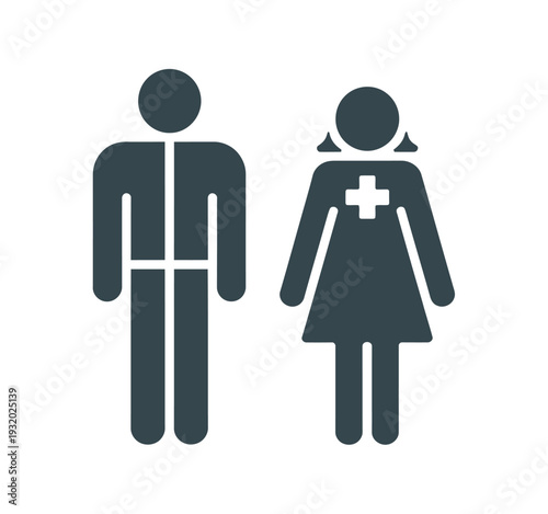 Male doctor and female nurse figures stand.