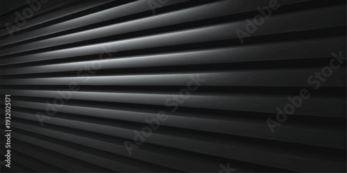 Abstract black and white background featuring a dark metallic texture with horizontal corrugated lines and a striped steel pattern reminiscent of a window shutter or iron wall surface