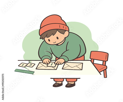 Warm child leans over a table matching street numbers to envelopes as cards, ruler, and chair sit quietly nearby. | child
